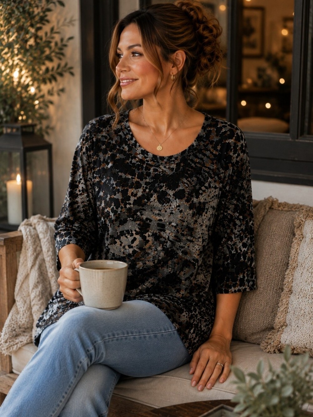 Bobeau Animal Print Tunic Top Small Date Night 3/4 Sleeve Stretch